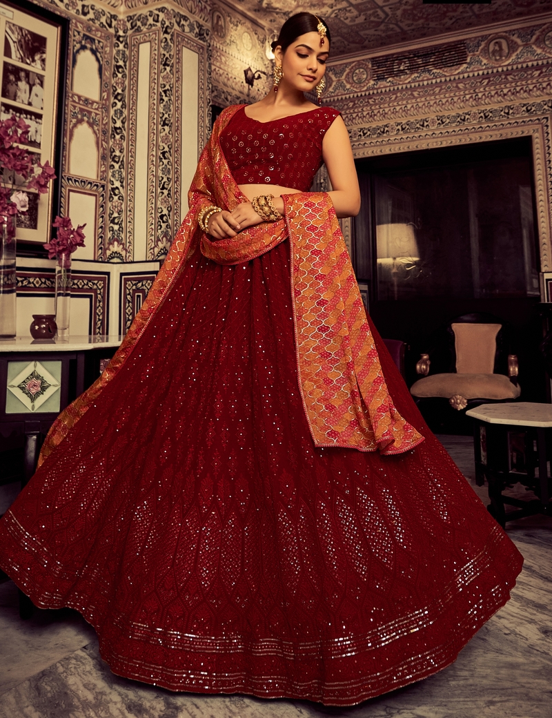  Maroon Thread Embroidery Georgette Semi Stitched Party Wear Lehenga Choli