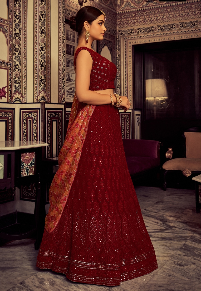  Maroon Thread Embroidery Georgette Semi Stitched Party Wear Lehenga Choli