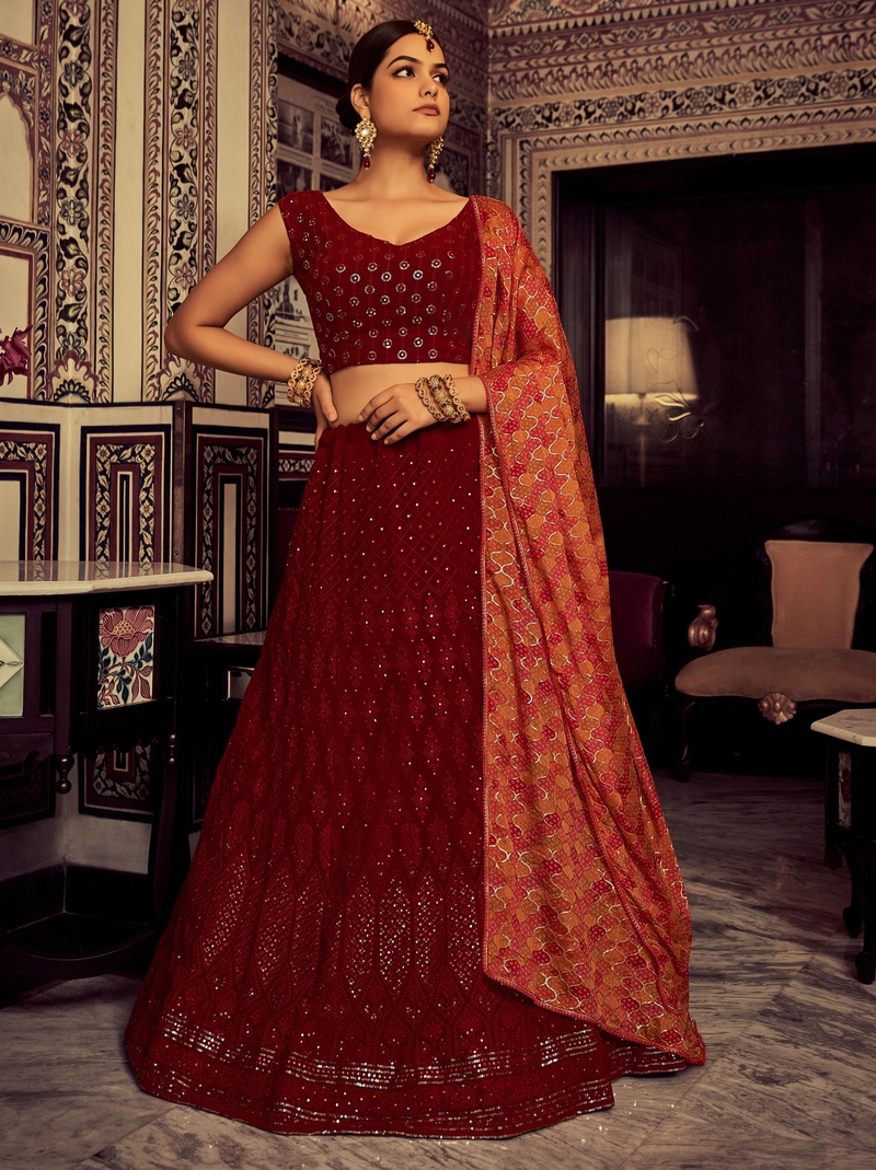  Maroon Thread Embroidery Georgette Semi Stitched Party Wear Lehenga Choli