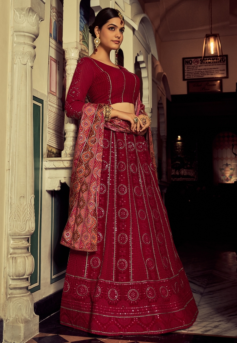Pink Thread Embroidery Georgette Semi Stitched Lehenga Choli For Women