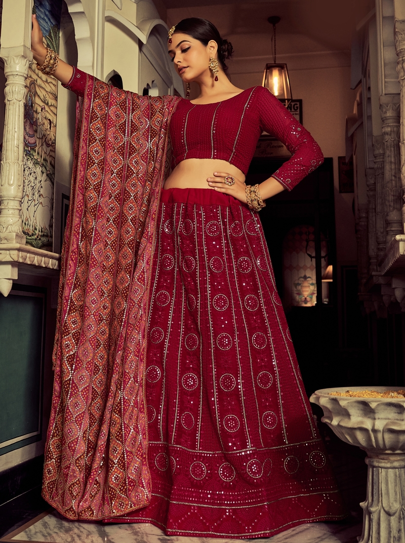 Pink Thread Embroidery Georgette Semi Stitched Lehenga Choli For Women