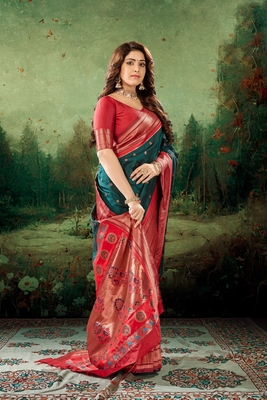 Dark green woven silk saree with blouse 1