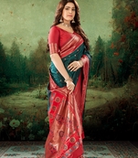 Dark green woven silk saree with blouse