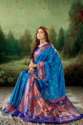 Blue woven silk saree with blouse 1