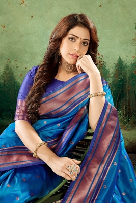 Blue woven silk saree with blouse 2