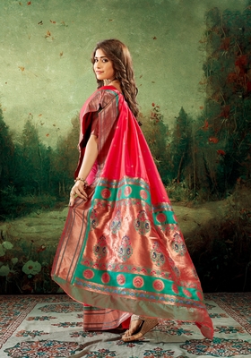 Rani pink woven silk saree with blouse 1