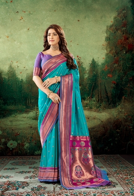 Blue woven silk saree with blouse 1