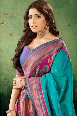 Blue woven silk saree with blouse 2
