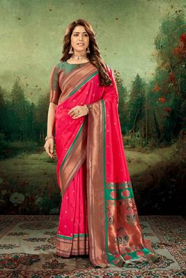 Rani pink woven silk saree with blouse 1