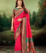 Rani pink woven silk saree with blouse