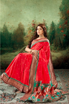 Red woven silk saree with blouse 1