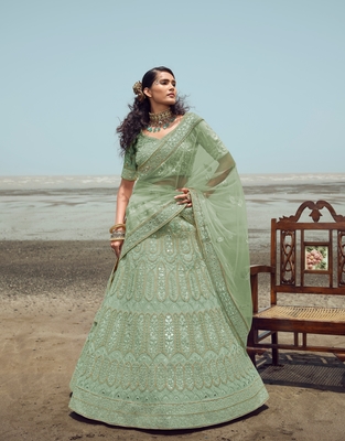 Green embroidered organza semi stitched lehenga 1