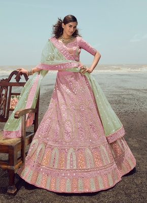 Pink embroidered organza semi stitched lehenga 1