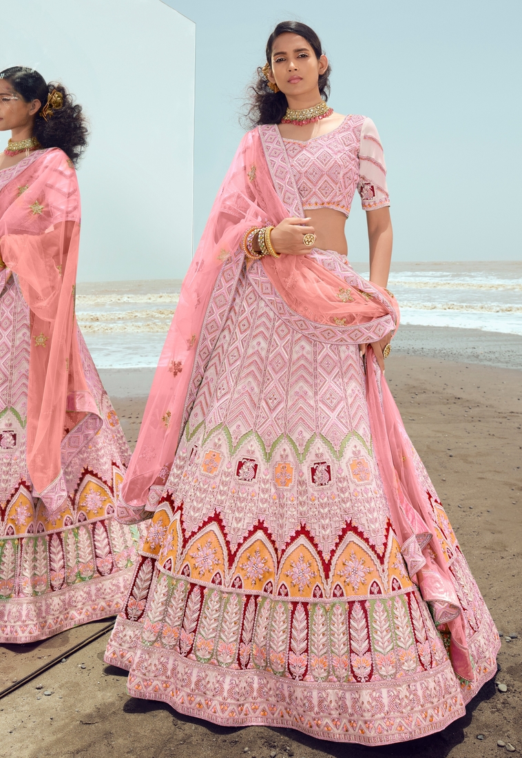 Pink embroidered georgette semi stitched lehenga