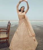 Peach embroidered organza semi stitched lehenga