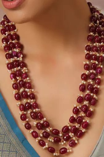 Red Gold Tone Beads Layered Necklace