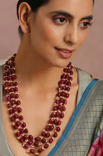 Red Gold Tone Beads Layered Necklace