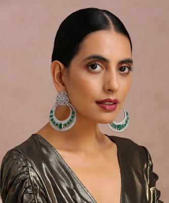 Green Silver Tone Zirconia Chandbali Earrings 1