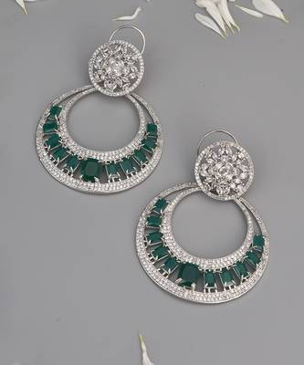 Green Silver Tone Zirconia Chandbali Earrings 2
