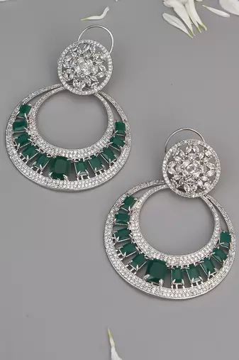 Green Silver Tone Zirconia Chandbali Earrings