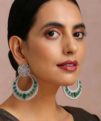 Green Silver Tone Zirconia Chandbali Earrings 3