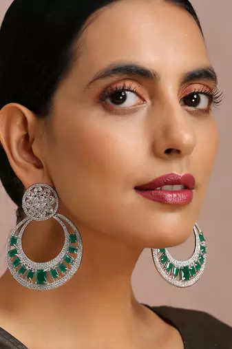 Green Silver Tone Zirconia Chandbali Earrings