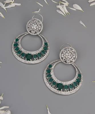 Green Silver Tone Zirconia Chandbali Earrings 4