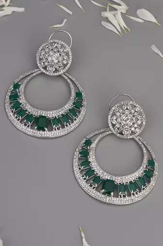 Green Silver Tone Zirconia Chandbali Earrings
