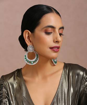 Green Silver Tone Zirconia Chandbali Earrings 5