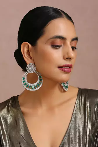 Green Silver Tone Zirconia Chandbali Earrings