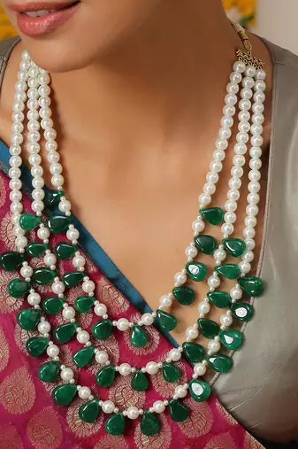 Green And White Pearls Layered Necklace
