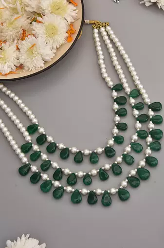 Green And White Pearls Layered Necklace