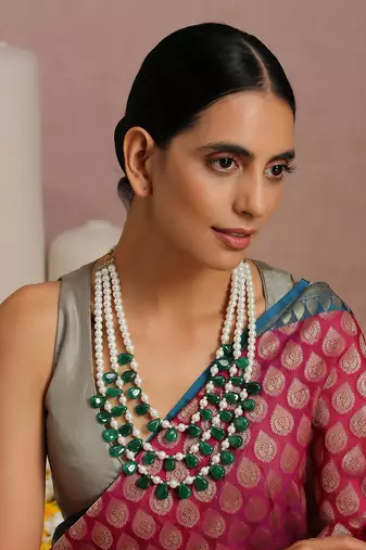 Green And White Pearls Layered Necklace