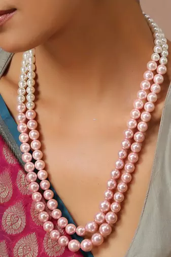 Pink And White Pearls Layered Necklace