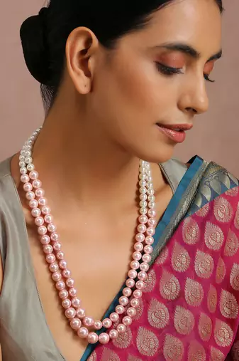 Pink And White Pearls Layered Necklace