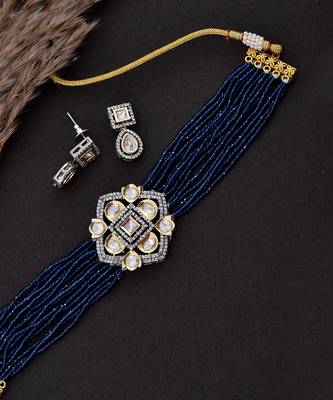 Blue Silver Tone Polki Choker Set 2
