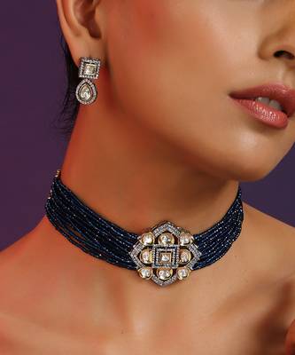 Blue Silver Tone Polki Choker Set 3