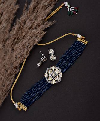Blue Silver Tone Polki Choker Set 4