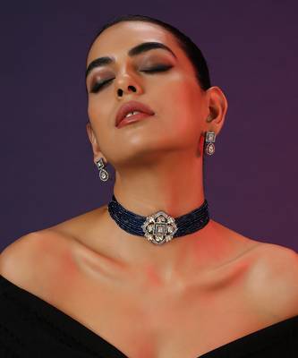 Blue Silver Tone Polki Choker Set 5