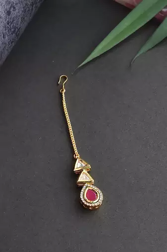 Red Gold Tone Kundan Maang Tikka