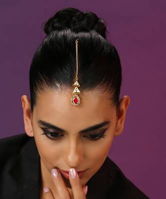 Red Gold Tone Kundan Maang Tikka 3