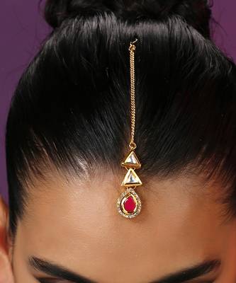 Red Gold Tone Kundan Maang Tikka 5