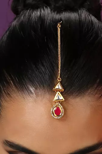 Red Gold Tone Kundan Maang Tikka