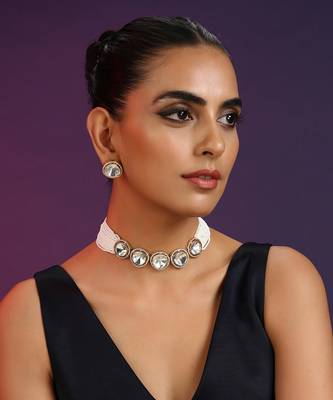 White Silver Tone Polki Choker With Pearls 1