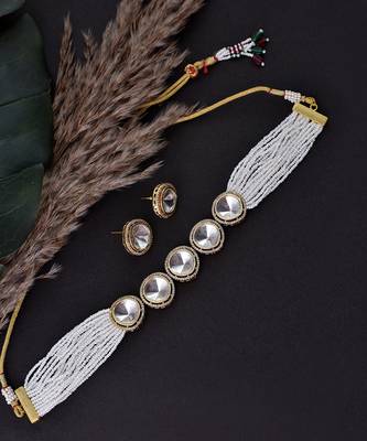 White Silver Tone Polki Choker With Pearls 2