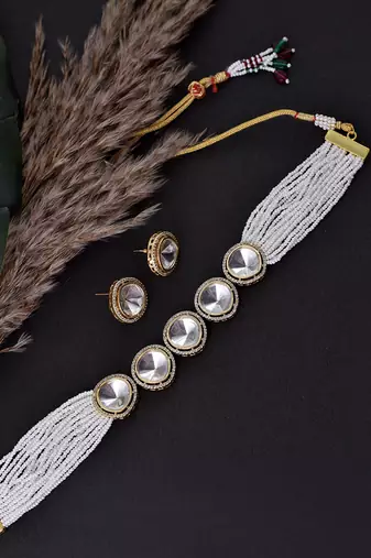 White Silver Tone Polki Choker With Pearls