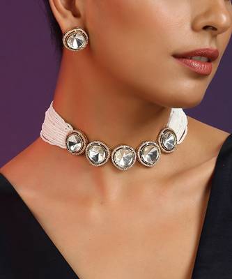 White Silver Tone Polki Choker With Pearls 3