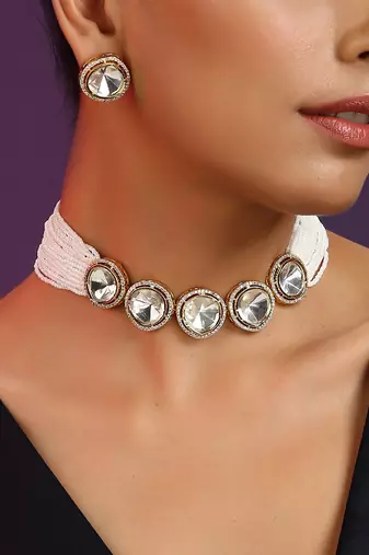 White Silver Tone Polki Choker With Pearls
