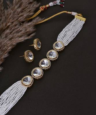 White Silver Tone Polki Choker With Pearls 4