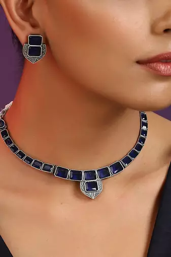 Blue Silver Tone Choker Set